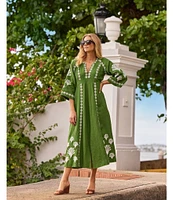 Jude Connally Clementine Embroidered Linen Split V-Neck 3/4 Sleeve Dress