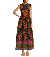 Jude Connally Constance Cotton Voile Decorative Frond Navy Print Ruffle Mock Neck Sleeveless A-Line Maxi Dress