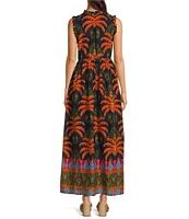 Jude Connally Constance Cotton Voile Decorative Frond Navy Print Ruffle Mock Neck Sleeveless A-Line Maxi Dress