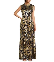 Jude Connally Constance Cotton Voile Ruffle Trim Mock Neck Sleeveless Metallic Shift Maxi Dress