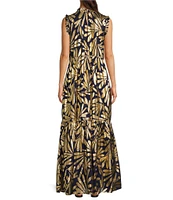 Jude Connally Constance Cotton Voile Ruffle Trim Mock Neck Sleeveless Metallic Shift Maxi Dress