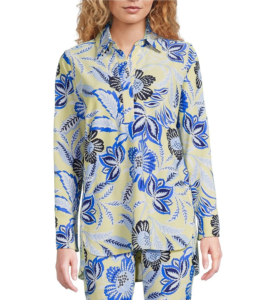 Jude Connally Coordinating Hadley Blooming Botanics Print Jude Cloth Knit Point Collar Long Split Roll Cuff Sleeve Tunic