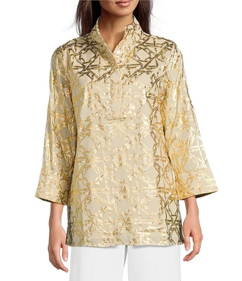 Jude Connally Cricket Bamboo Rattan Print Stand Collar 3/4 Sleeve Top
