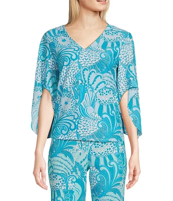 Jude Connally Daniella Stretch Knit Enchanted Sea Aqua Print Print 3/4 Flutter Sleeve V-Neck Coordinating Top