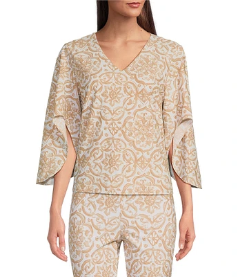 Jude Connally Daniella Stretch Knit Painted Tile Sand Print Print 3/4 Flutter Sleeve V-Neck Top