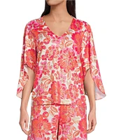 Jude Connally Daniella Stretch Knit Peony Dream Print 3/4 Flutter Sleeve V-Neck Top