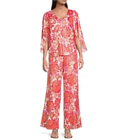 Jude Connally Daniella Stretch Knit Peony Dream Print 3/4 Flutter Sleeve V-Neck Top