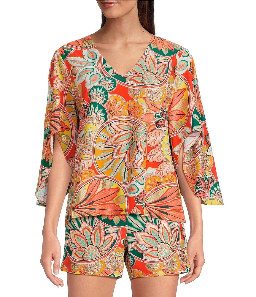 Jude Connally Daniella Stretch Knit Stained Glass Print 3/4 Flutter Sleeve V-Neck Cooridnating Top