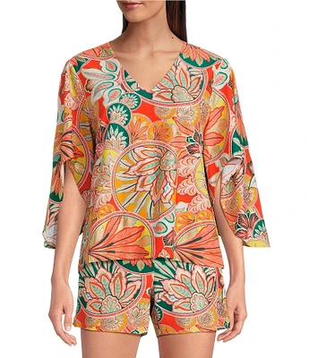 Jude Connally Daniella Stretch Knit Stained Glass Print 3/4 Flutter Sleeve V-Neck Cooridnating Top