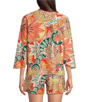 Jude Connally Daniella Stretch Knit Stained Glass Print 3/4 Flutter Sleeve V-Neck Cooridnating Top