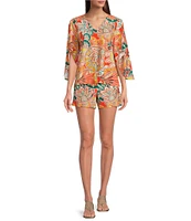 Jude Connally Daniella Stretch Knit Stained Glass Print 3/4 Flutter Sleeve V-Neck Cooridnating Top
