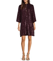 Jude Connally Delia Sequin Button Front Stand Collar 3/4 Bell Sleeve Dress