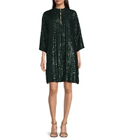 Jude Connally Delia Sequin Button Front Stand Collar 3/4 Bell Sleeve Dress