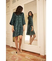 Jude Connally Delia Sequin Button Front Stand Collar 3/4 Bell Sleeve Dress