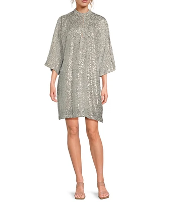 Jude Connally Delia Sequin Button Front Stand Collar 3/4 Bell Sleeve Dress