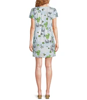 Jude Connally Ella Coral Reef Pool Print Jude Cloth Stretch Knit Wrinkle-Free Crew Neck Short Sleeve Shift Dress