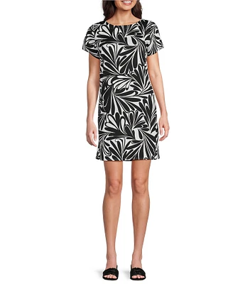 Jude Connally Ella Decorative Fan Print Jude Cloth Stretch Knit Crew Neck Short Sleeve Shift Dress