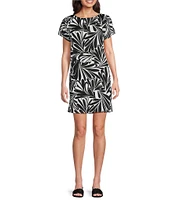 Jude Connally Ella Decorative Fan Print Jude Cloth Stretch Knit Crew Neck Short Sleeve Shift Dress