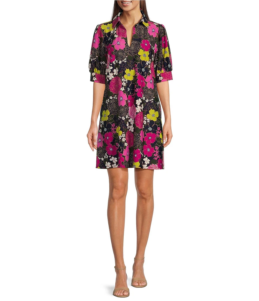 Jude Connally Emerson Autumn Blooms Orchid Print Jude Cloth Knit Point Collar Puffed Sleeve Shift Dress