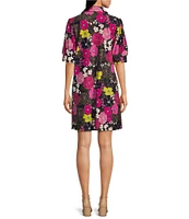 Jude Connally Emerson Autumn Blooms Orchid Print Jude Cloth Knit Point Collar Puffed Sleeve Shift Dress