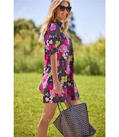 Jude Connally Emerson Autumn Blooms Orchid Print Jude Cloth Knit Point Collar Puffed Sleeve Shift Dress