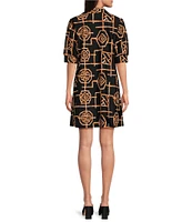 Jude Connally Emerson Bamboo Lattice Print Jude Cloth Knit Point Collar Puffed Sleeve Shift Dress