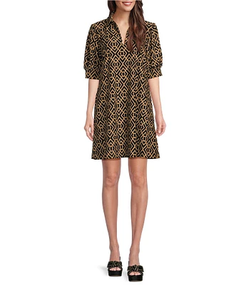 Jude Connally Emerson Garden Lattice Print Jude Cloth Knit Point Collar Puffed Sleeve Shift Dress