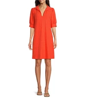 Jude Connally Emerson Jacquard Split Collar V-Neck Short Puff Sleeve Swing Dress