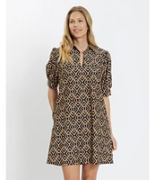 Jude Connally Emerson Jude Cloth Knit Garden Lattice Navy Print Point Collar Puffed Sleeve Shift Dress