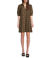 Jude Connally Emerson Jude Cloth Knit Garden Lattice Navy Print Point Collar Puffed Sleeve Shift Dress