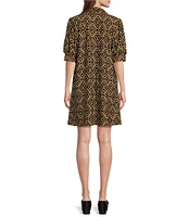 Jude Connally Emerson Jude Cloth Knit Garden Lattice Navy Print Point Collar Puffed Sleeve Shift Dress