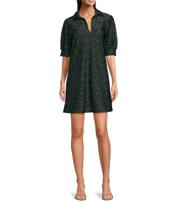 Jude Connally Emerson Jude Cloth Knit Garden Lattice Navy Print Point Collar Puffed Sleeve Shift Dress