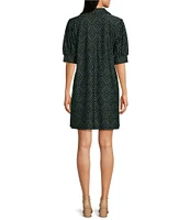 Jude Connally Emerson Jude Cloth Knit Garden Lattice Navy Print Point Collar Puffed Sleeve Shift Dress