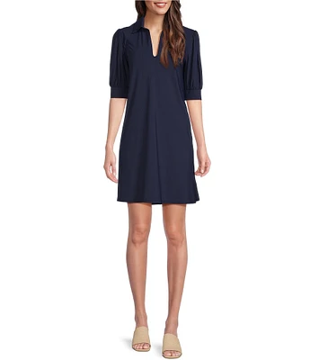 Jude Connally Emerson Jude Cloth Knit Point Collar Puffed Sleeve Shift Dress