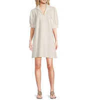 Jude Connally Emerson Jude Ponte Knit Collared V-Neck Puffed Sleeve Shift Dress