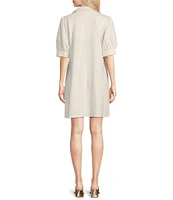 Jude Connally Emerson Jude Ponte Knit Collared V-Neck Puffed Sleeve Shift Dress