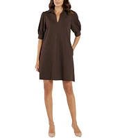 Jude Connally Emerson Jude Ponte Knit Collared V-Neck Puffed Sleeve Shift Dress