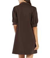 Jude Connally Emerson Jude Ponte Knit Collared V-Neck Puffed Sleeve Shift Dress