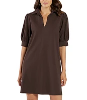 Jude Connally Emerson Jude Ponte Knit Collared V-Neck Puffed Sleeve Shift Dress