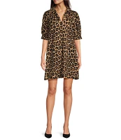 Jude Connally Emerson Large Leopard Print Jude Cloth Knit Point Collar Puffed Sleeve Shift Dress