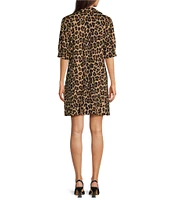 Jude Connally Emerson Large Leopard Print Jude Cloth Knit Point Collar Puffed Sleeve Shift Dress