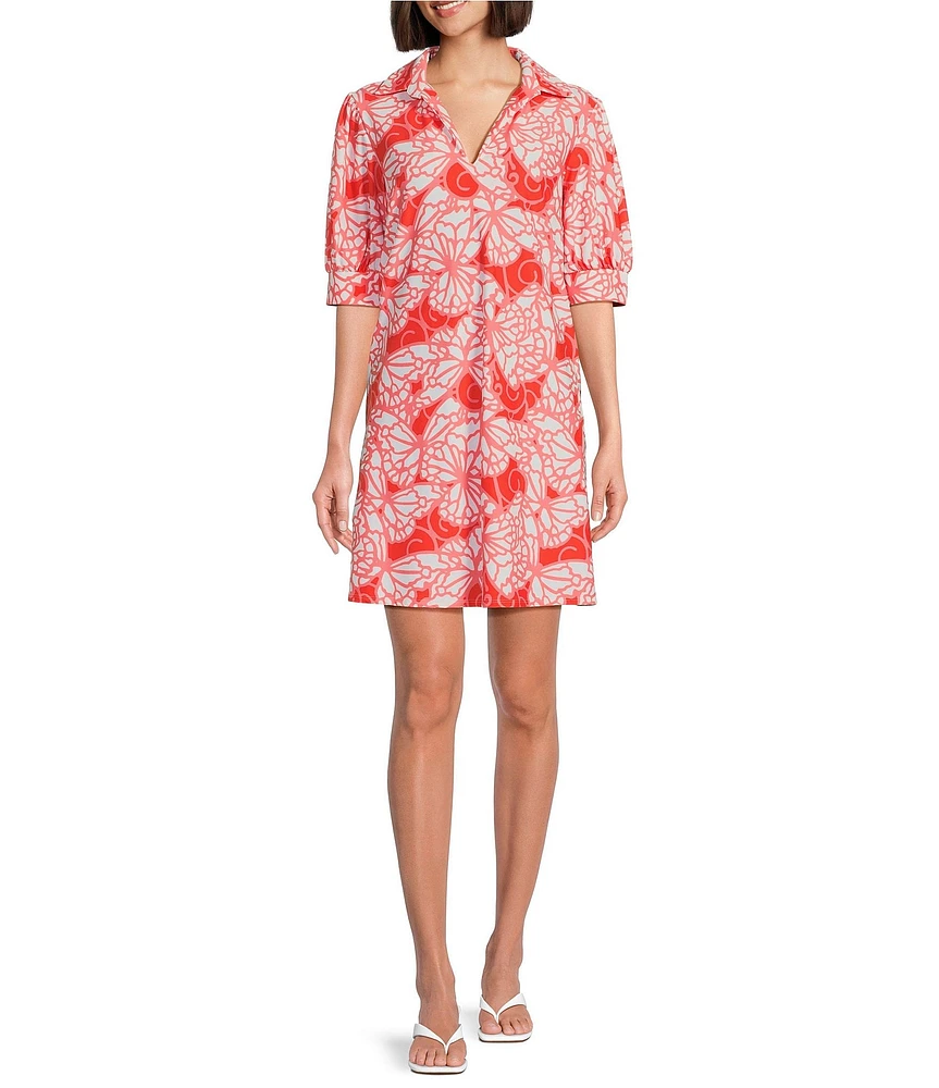 Jude Connally Emerson Petite Wings Print Jude Cloth Knit Point Collar Puffed Sleeve Shift Dress