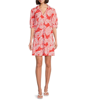 Jude Connally Emerson Petite Wings Print Jude Cloth Knit Point Collar Puffed Sleeve Shift Dress