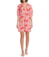 Jude Connally Emerson Petite Wings Print Jude Cloth Knit Point Collar Puffed Sleeve Shift Dress