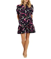 Jude Connally Floral Menagerie Print Knit Point Collar V-Neck Short Puff Sleeve Drop Waist Flounce Hem Dress