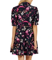 Jude Connally Floral Menagerie Print Knit Point Collar V-Neck Short Puff Sleeve Drop Waist Flounce Hem Dress