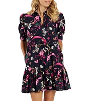 Jude Connally Floral Menagerie Print Knit Point Collar V-Neck Short Puff Sleeve Drop Waist Flounce Hem Dress