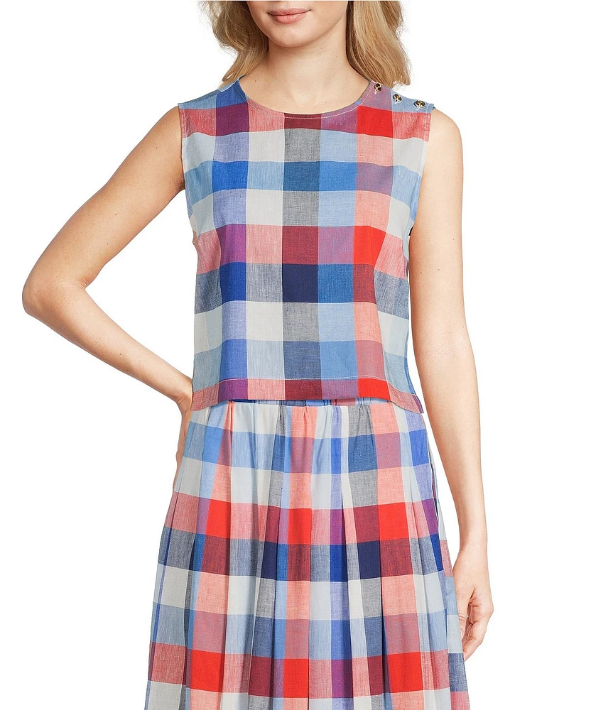 Jude Connally Gretel Montauk Plaid Linen Blend Crew Neck Sleeveless Coordinating Top