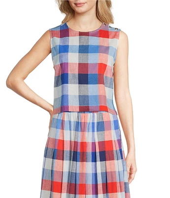 Jude Connally Gretel Montauk Plaid Linen Blend Crew Neck Sleeveless Coordinating Top