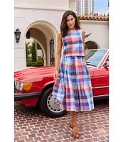 Jude Connally Gretel Montauk Plaid Linen Blend Crew Neck Sleeveless Coordinating Top